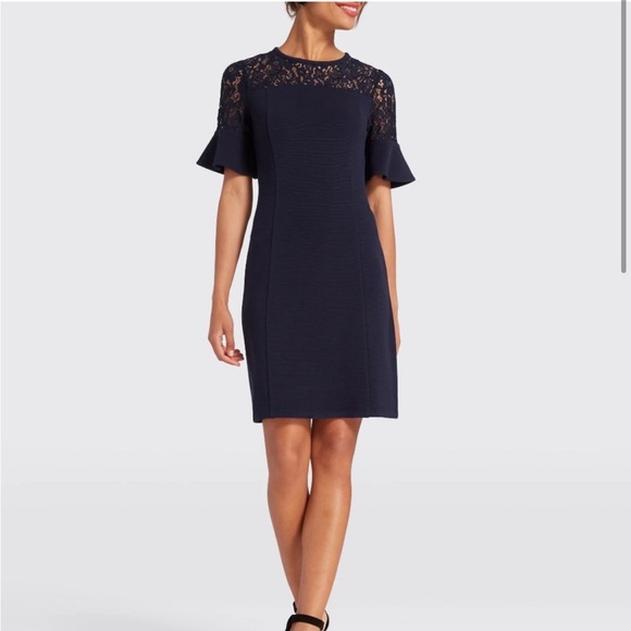 Draper James Navy Blue Lace Yoke Flutter Short Sleeve Dress L - Picture 2 of 8